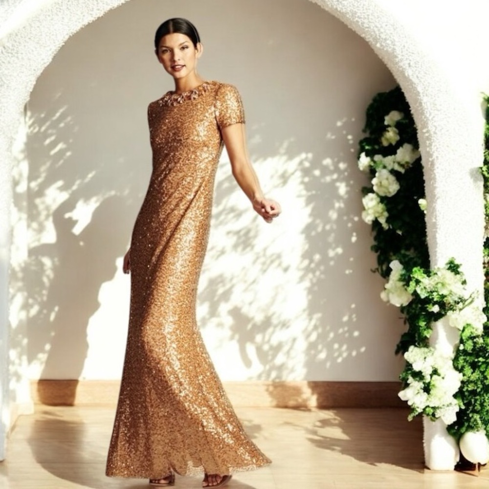 Sachin + Babi Sequined Formal Gown Size 2 Elegant Gold Column Gown Rhinestones - Picture 5 of 13